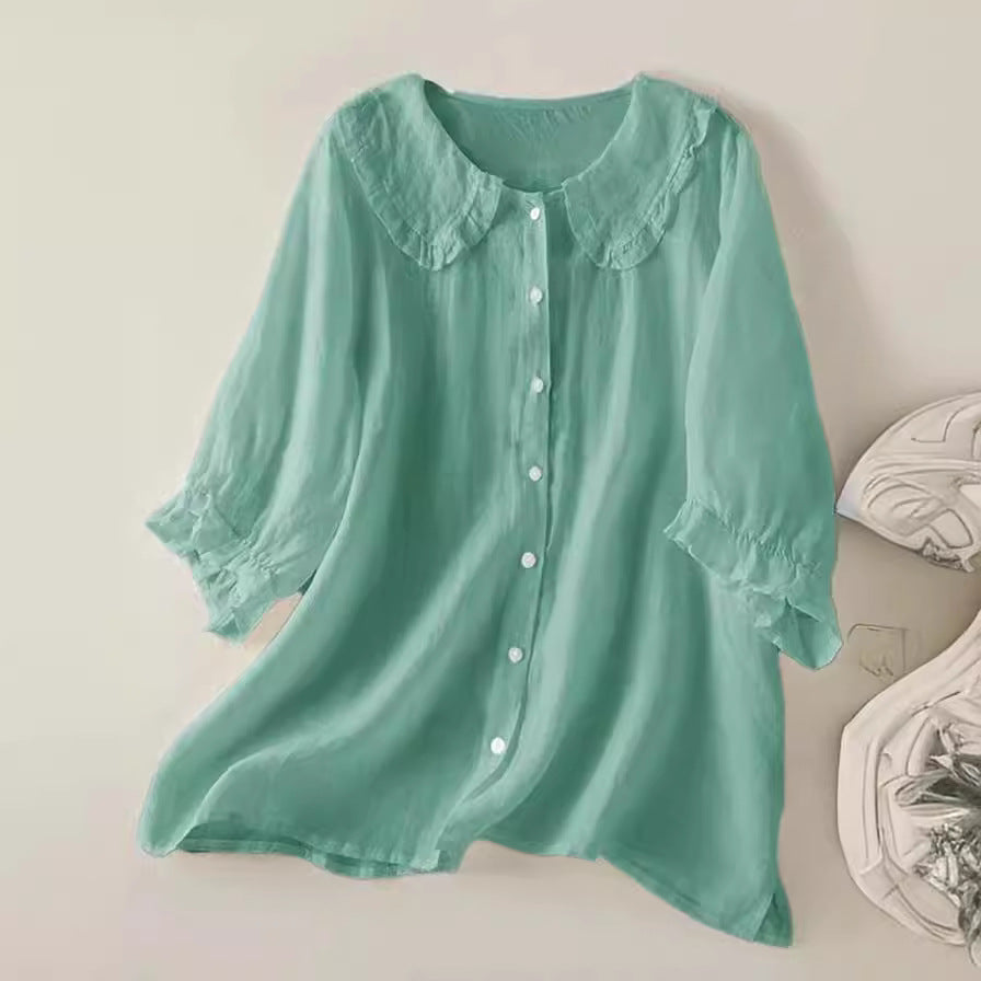 Dames katoenen linnen los Peter Pan ruches hals shirt 4
