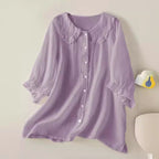 Dames katoenen linnen los Peter Pan ruches hals shirt 5