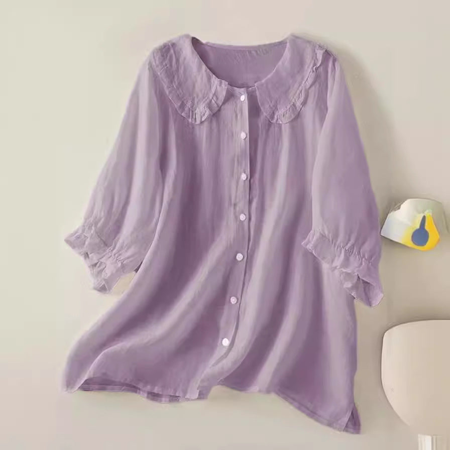 Dames katoenen linnen los Peter Pan ruches hals shirt 5