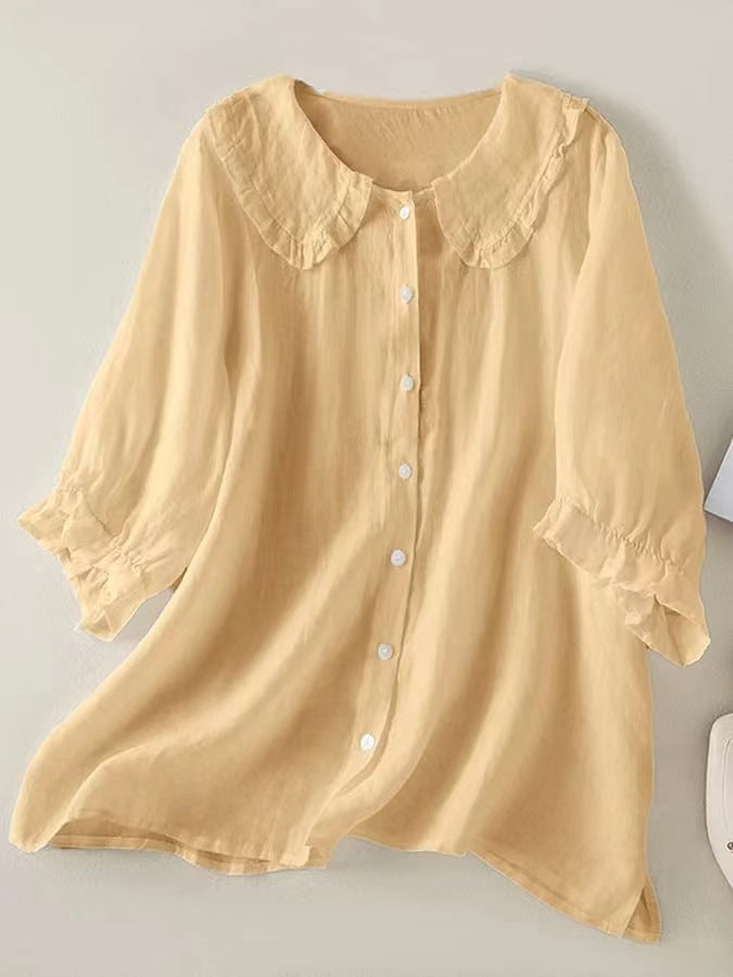 Dames katoenen linnen los Peter Pan ruches hals shirt 6