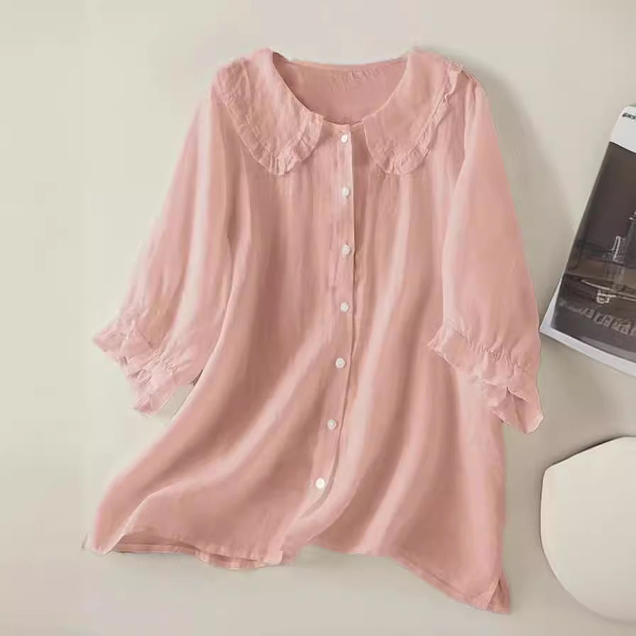 Dames katoenen linnen los Peter Pan ruches hals shirt 7