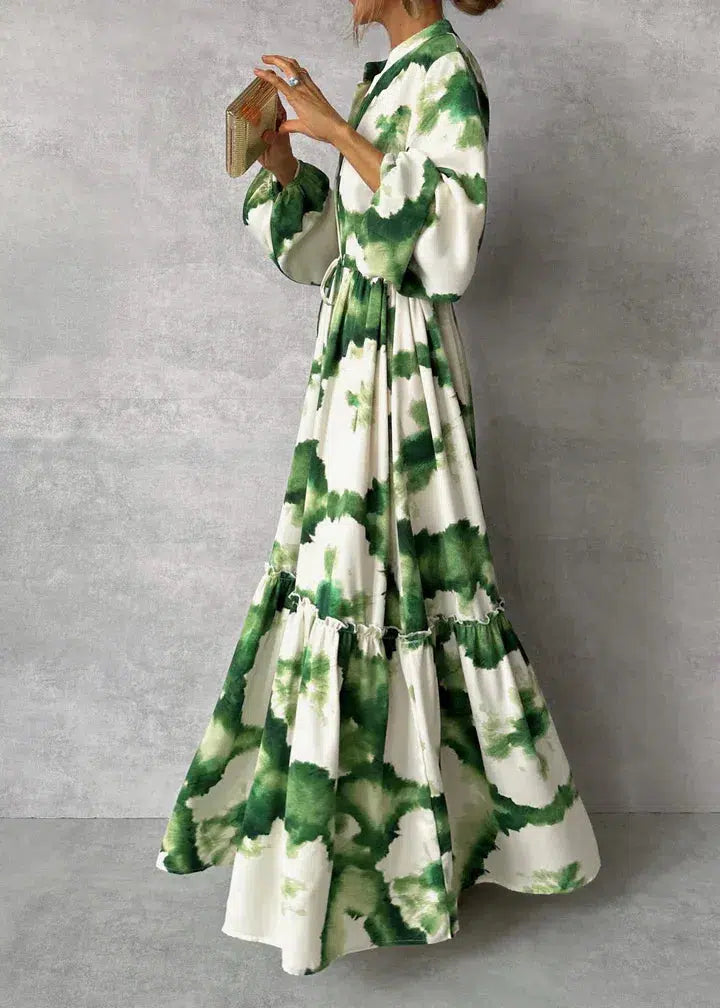 Dames maxi-jurk - Lange mouwen - V-hals - Elegant zwierig design 0