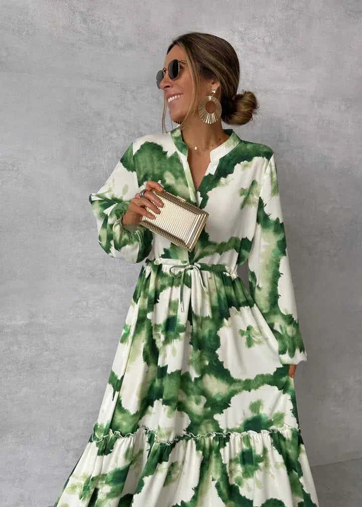 Dames maxi-jurk - Lange mouwen - V-hals - Elegant zwierig design 1