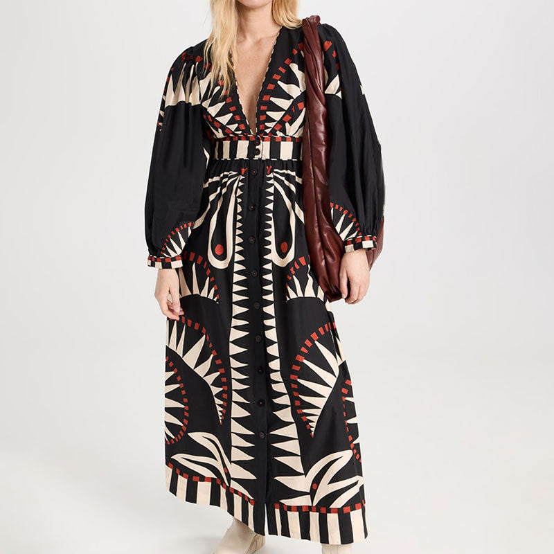 Dames maxi-jurk - Lange mouwen - V-hals - Elegant zwierig design 5