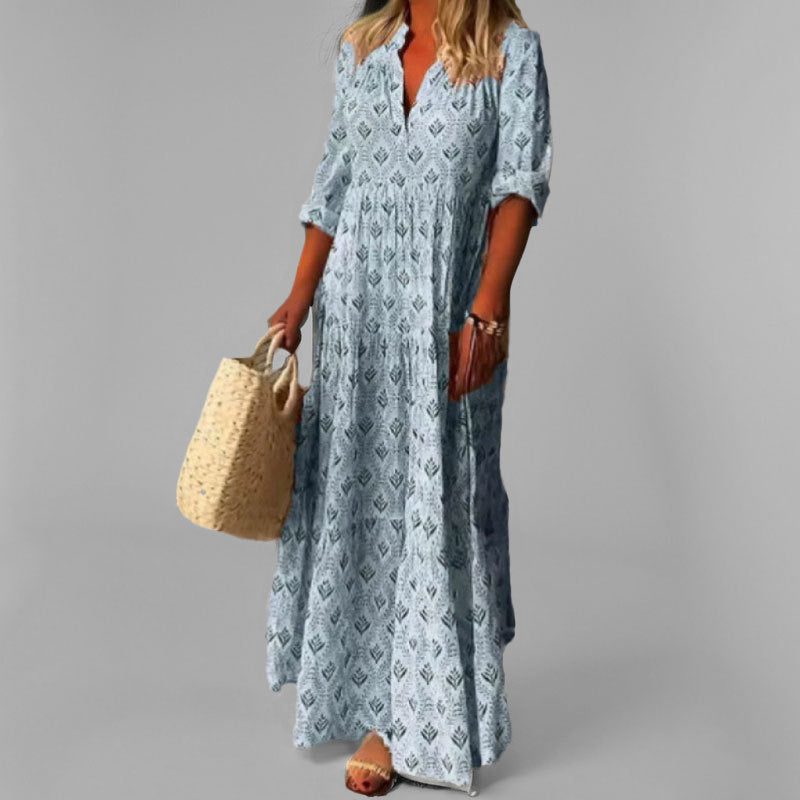 Dames maxi-jurk – Lichtgewicht – Losse pasvorm – V-hals – Vintage print – 3/4 mouw 3