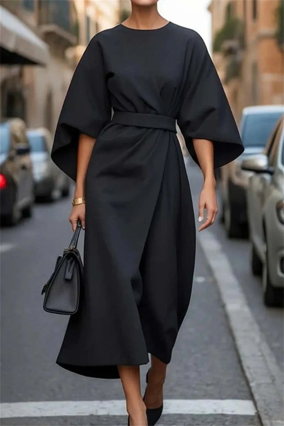 Dames midi-jurk - Gestructureerde A-lijn - Riem in de taille - Klokkende mouwen Elegante kleding 0