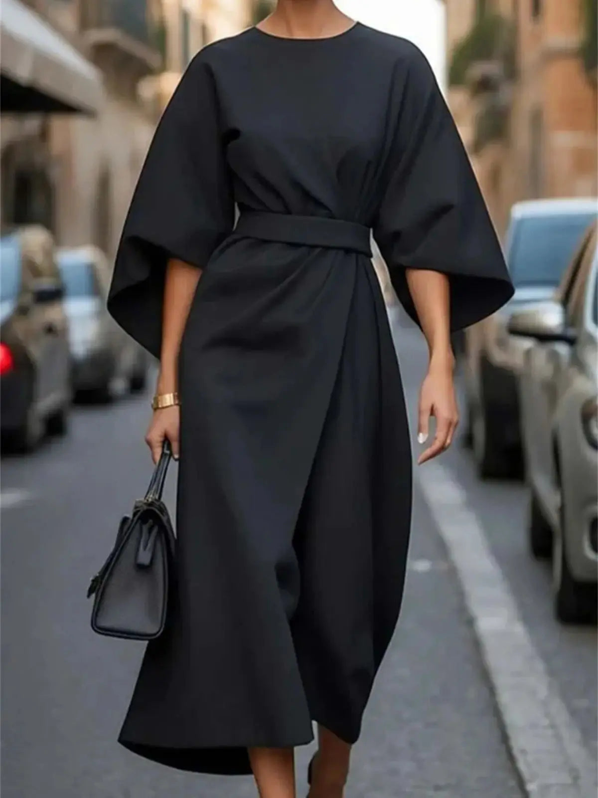 Dames midi-jurk - Gestructureerde A-lijn - Riem in de taille - Klokkende mouwen Elegante kleding 1