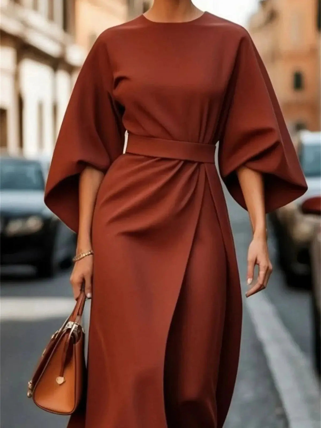 Dames midi-jurk - Gestructureerde A-lijn - Riem in de taille - Klokkende mouwen Elegante kleding 3