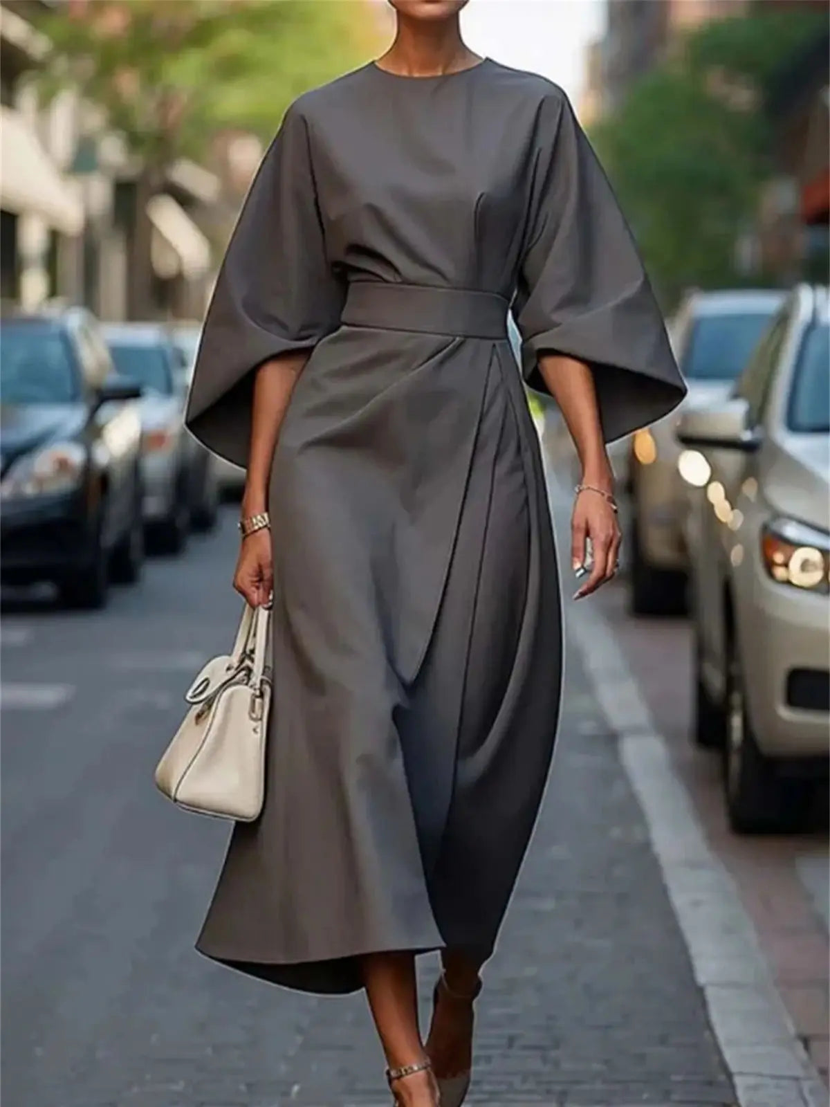 Dames midi-jurk - Gestructureerde A-lijn - Riem in de taille - Klokkende mouwen Elegante kleding 4