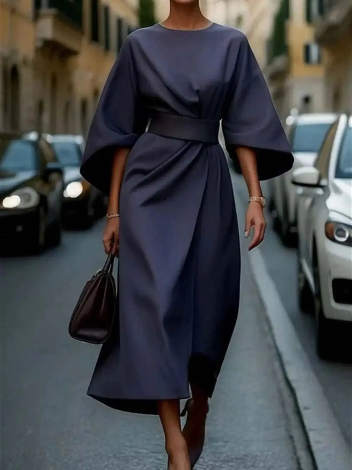 Dames midi-jurk - Gestructureerde A-lijn - Riem in de taille - Klokkende mouwen Elegante kleding 5