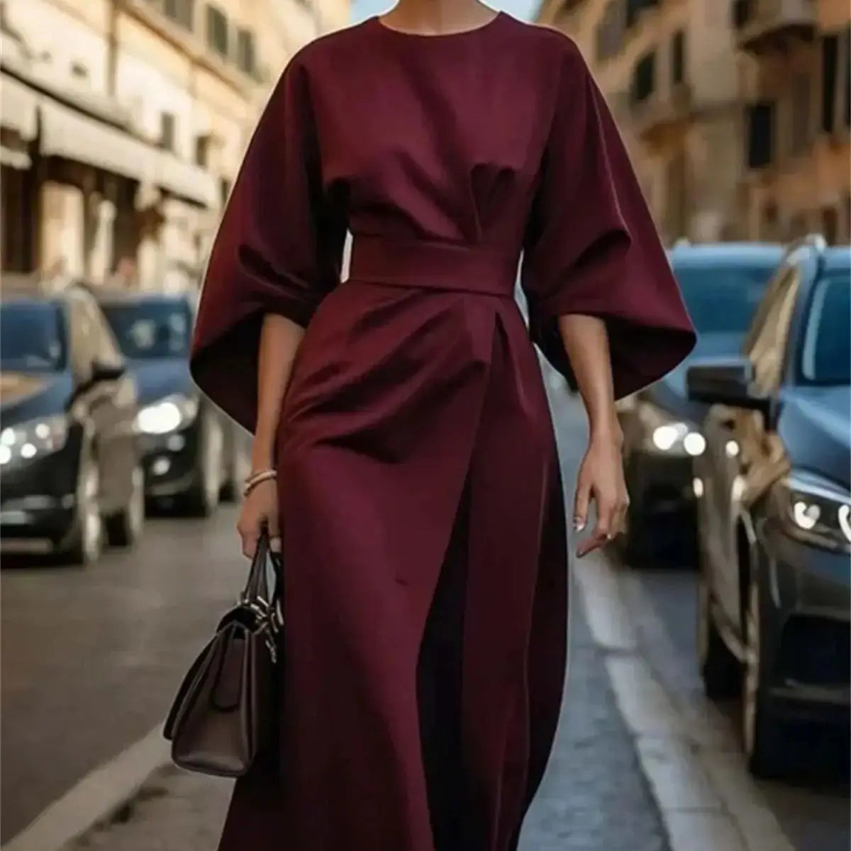 Dames midi-jurk - Gestructureerde A-lijn - Riem in de taille - Klokkende mouwen Elegante kleding 6