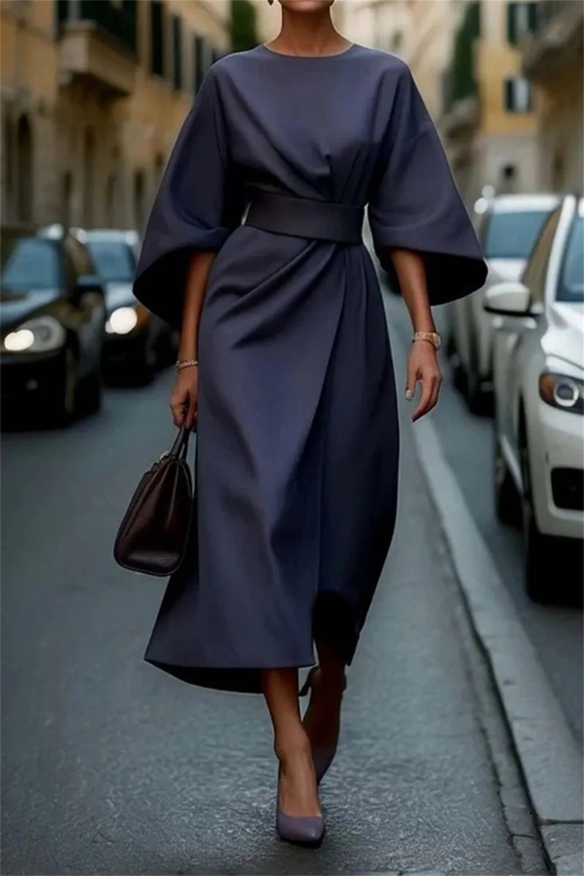 Dames midi-jurk - Gestructureerde A-lijn - Riem in de taille - Klokkende mouwen Elegante kleding 7