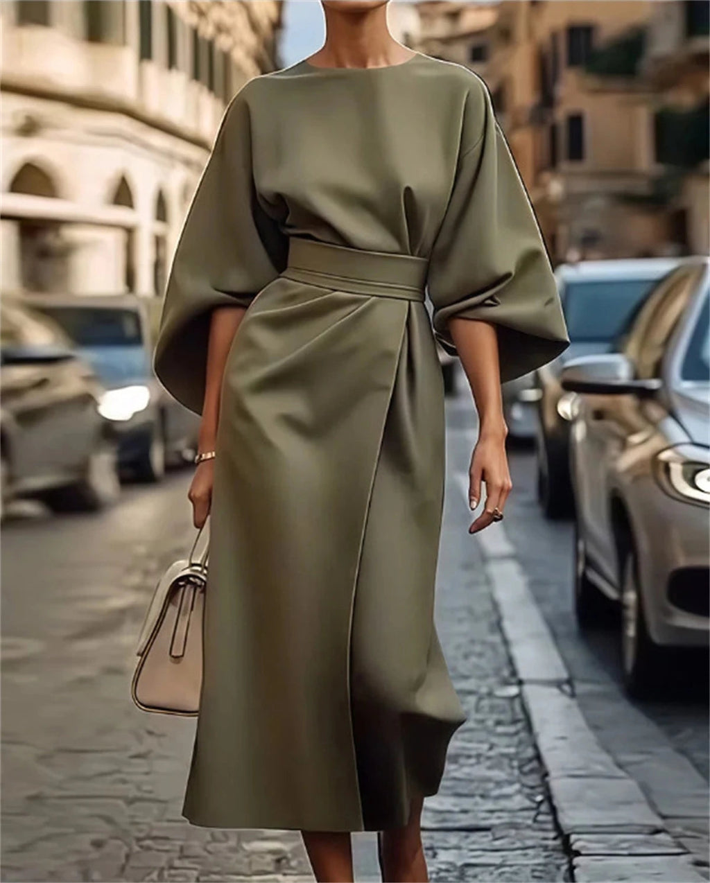 Dames midi-jurk - Gestructureerde A-lijn - Riem in de taille - Klokkende mouwen Elegante kleding 8