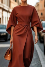 Dames midi-jurk - Gestructureerde A-lijn - Riem in de taille - Klokkende mouwen Elegante kleding 9