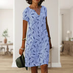Dames mini-jurk met korte mouwen en bladprint 3