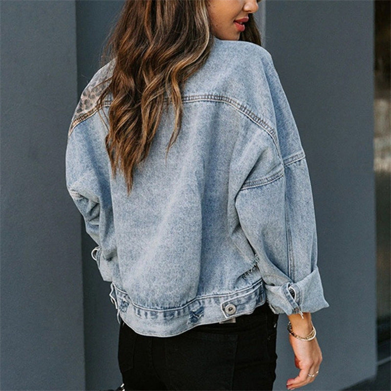Dames spijkerjasje – Relaxed Fit – Luipaardprint panelen – Versleten – Knoopsluiting aan de voorkant 2