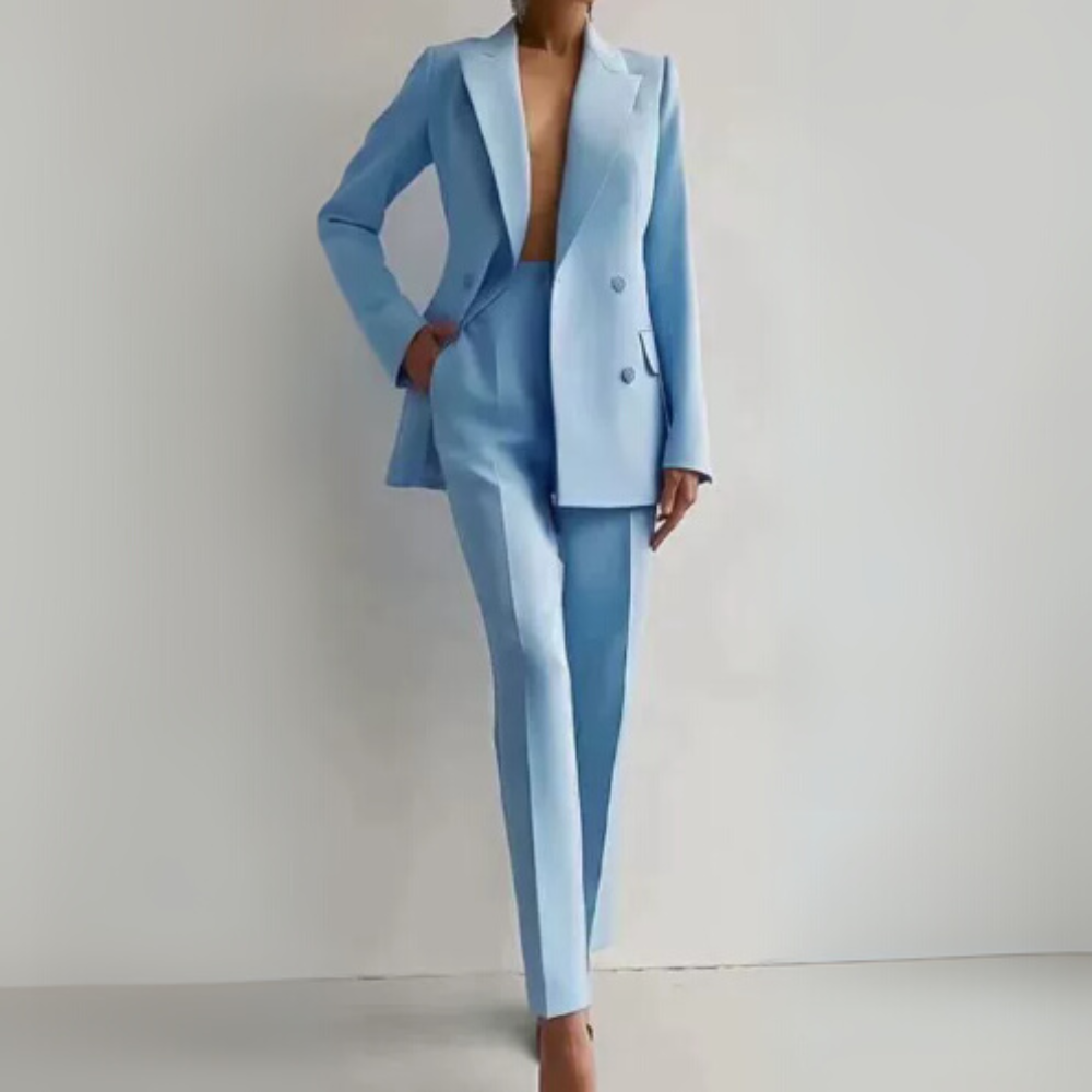 Dames tweedelig pak met double-breasted blazer en rechte pantalon 0
