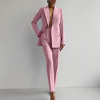 Dames tweedelig pak met double-breasted blazer en rechte pantalon 1