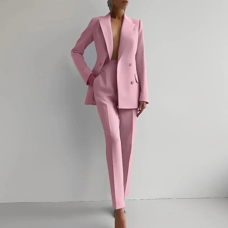 Dames tweedelig pak met double-breasted blazer en rechte pantalon 1