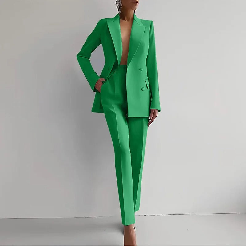 Dames tweedelig pak met double-breasted blazer en rechte pantalon 2