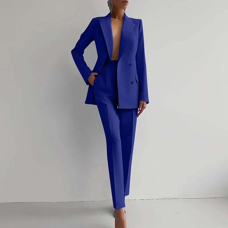Dames tweedelig pak met double-breasted blazer en rechte pantalon 3