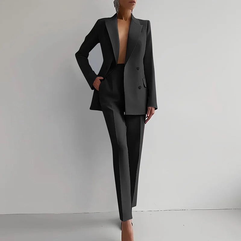Dames tweedelig pak met double-breasted blazer en rechte pantalon 4