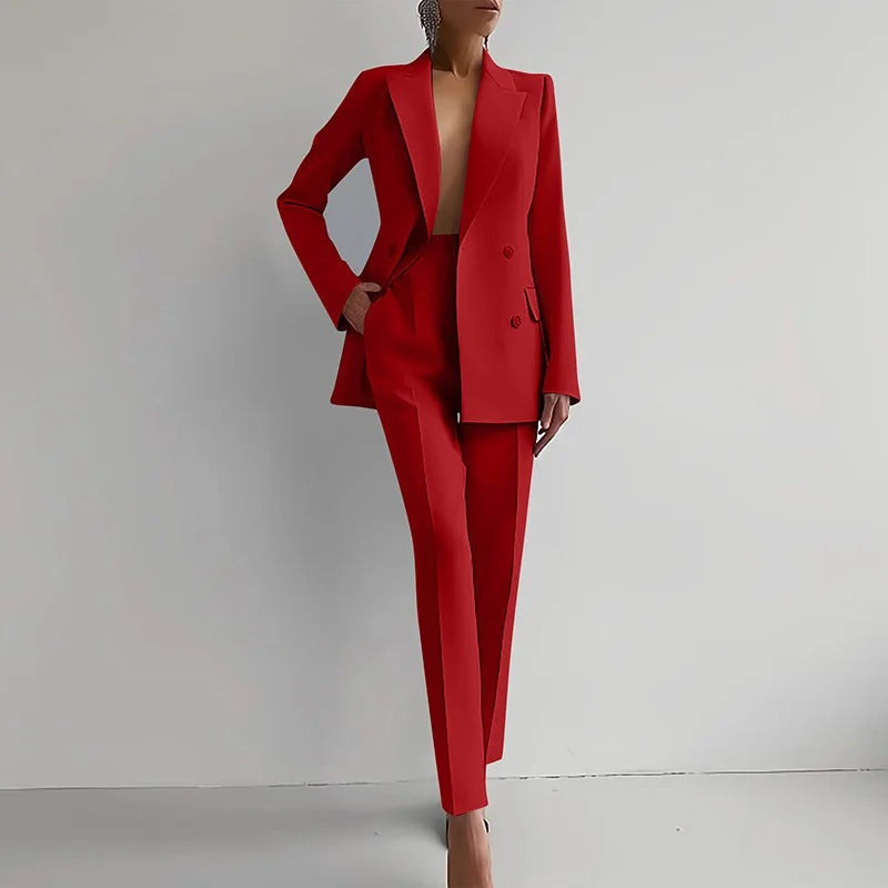 Dames tweedelig pak met double-breasted blazer en rechte pantalon 5