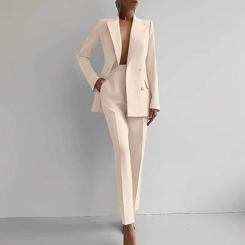 Dames tweedelig pak met double-breasted blazer en rechte pantalon 6