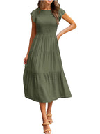 Dames Smocked Ruffle Vlinder Mouw A-Lijn Midi Jurk