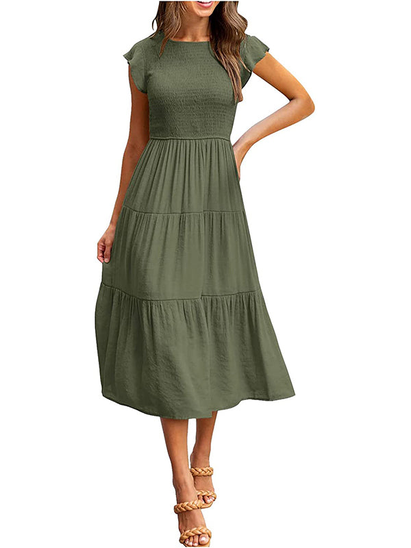 Dames Smocked Ruffle Vlinder Mouw A-Lijn Midi Jurk