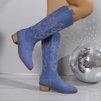 Denim Cowboylaarzen voor Dames met Westerse Borduursels en Comfortabele Blokhak – Blauw