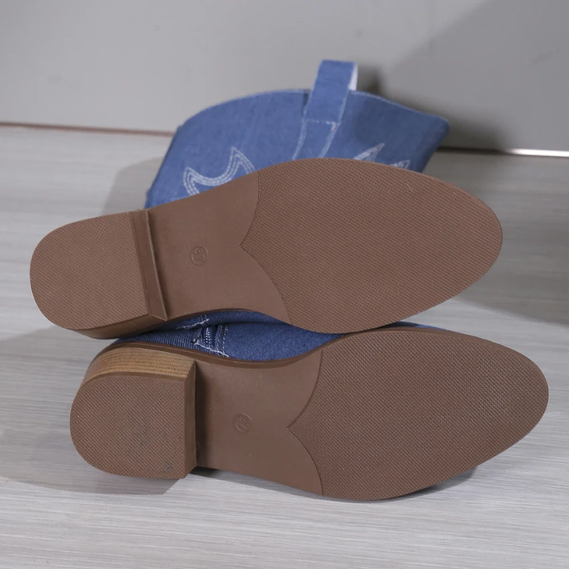 Denim Cowboylaarzen voor Dames met Westerse Borduursels en Comfortabele Blokhak – Blauw