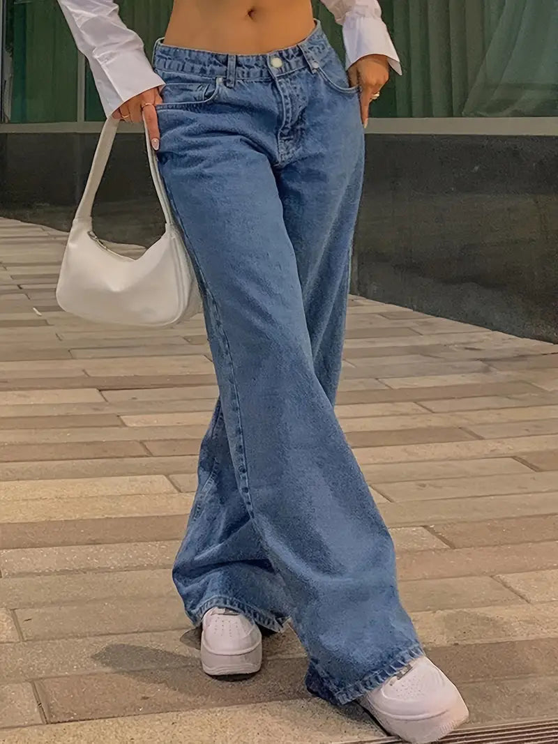 Donkerblauwe jaren 90 losse baggy boyfriend jeans met lage taille 0