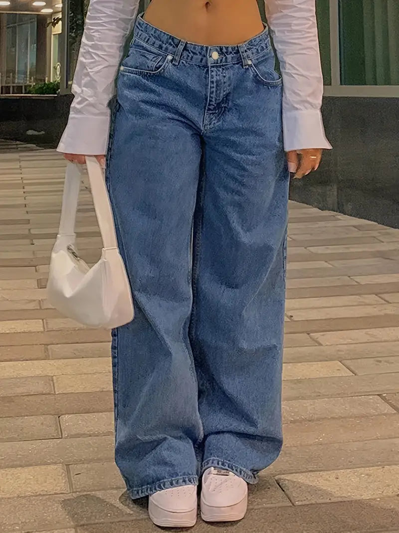Donkerblauwe jaren 90 losse baggy boyfriend jeans met lage taille 1