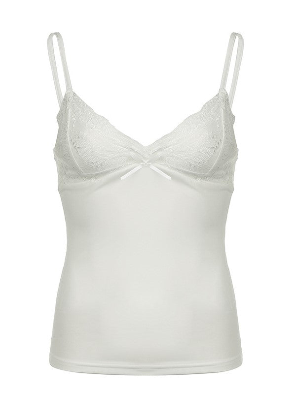 Effen kleur zoete bloemenkant splicing cami top 4