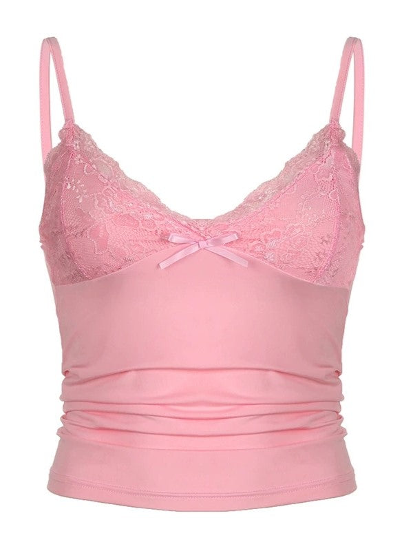 Effen kleur zoete bloemenkant splicing cami top 8