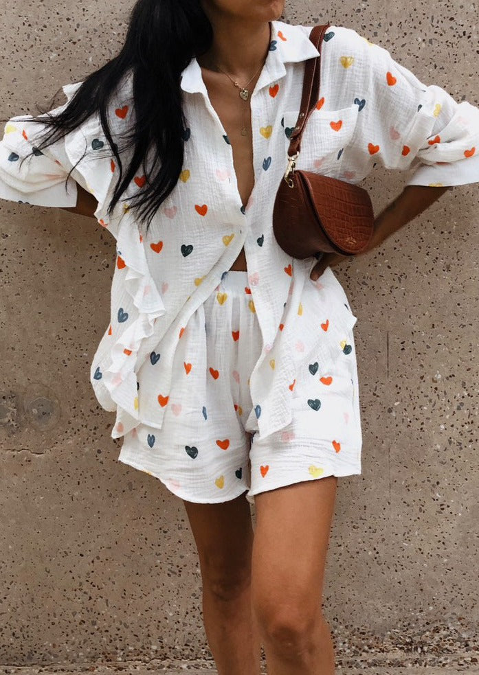 Francesca Set Hartprint Katoenen Overhemd en Shorts Set Chic