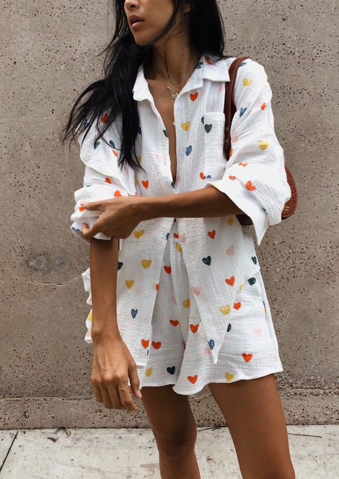 Francesca Set Hartprint Katoenen Overhemd en Shorts Set Chic