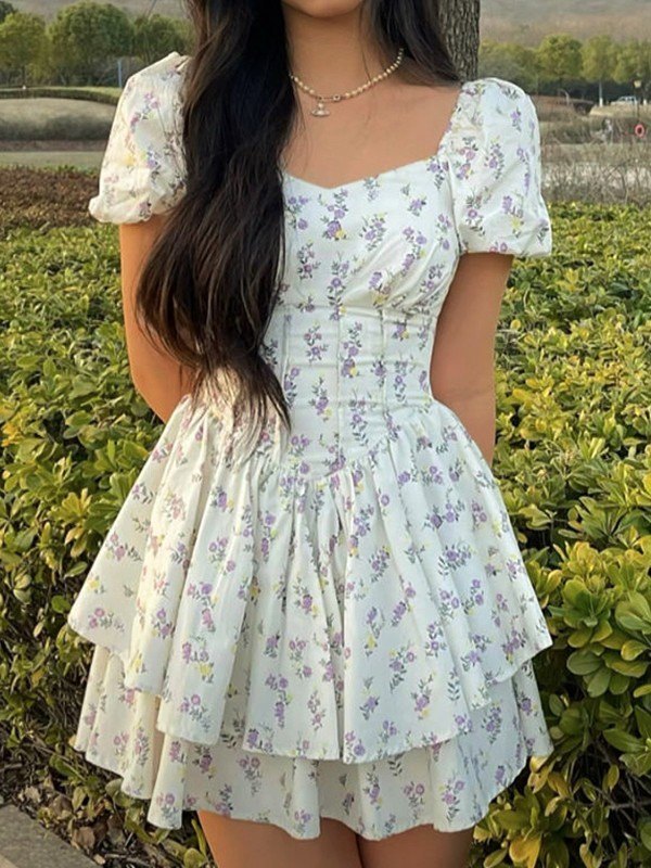 Franse bloemencorset slanke mini-jurk met pofmouwen 0
