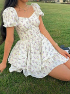 Franse bloemencorset slanke mini-jurk met pofmouwen 2