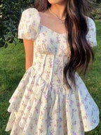 Franse bloemencorset slanke mini-jurk met pofmouwen 4
