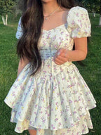 Franse bloemencorset slanke mini-jurk met pofmouwen 5
