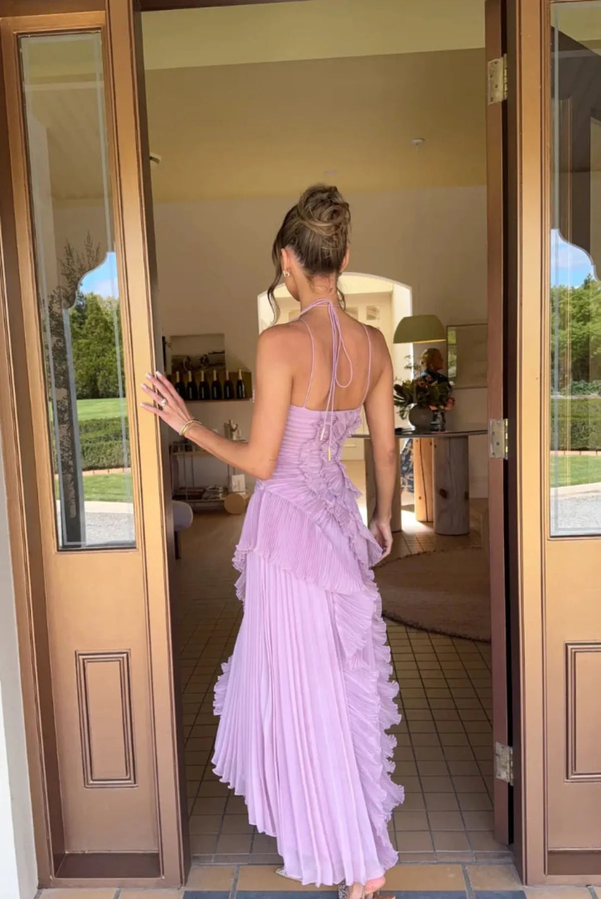 Geplooide split-rugloze halter maxi-jurk 2