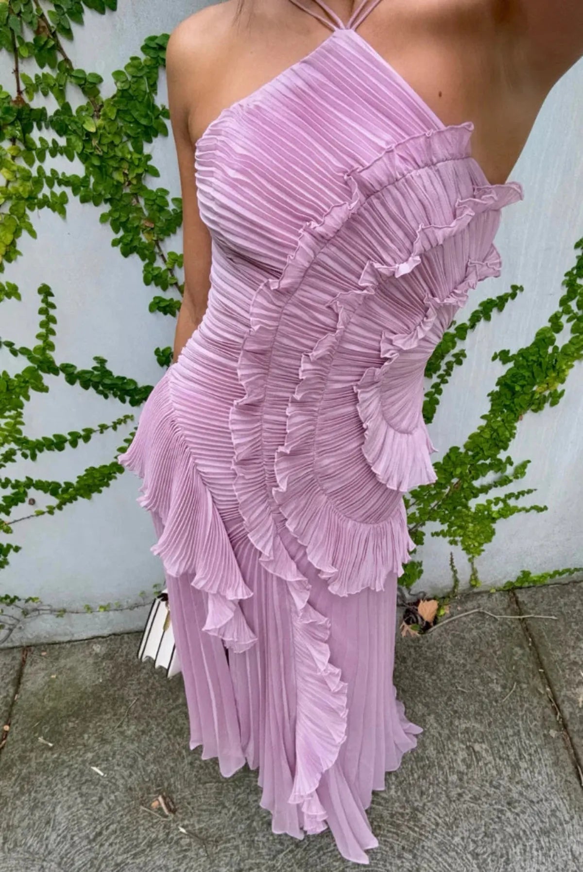 Geplooide split-rugloze halter maxi-jurk 4