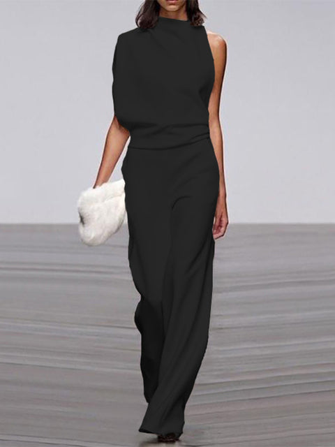 Gina | Dames jumpsuit met ronde hals, mouwloos en wijd uitlopende pijpen 0