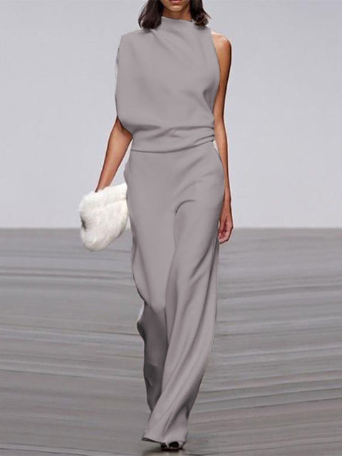 Gina | Dames jumpsuit met ronde hals, mouwloos en wijd uitlopende pijpen 1