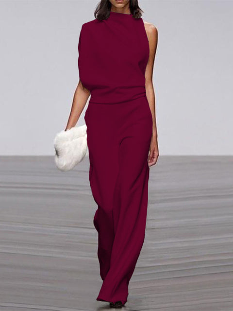 Gina | Dames jumpsuit met ronde hals, mouwloos en wijd uitlopende pijpen 10