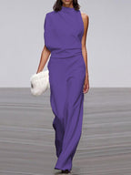 Gina | Dames jumpsuit met ronde hals, mouwloos en wijd uitlopende pijpen 2