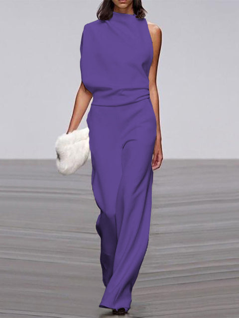 Gina | Dames jumpsuit met ronde hals, mouwloos en wijd uitlopende pijpen 2