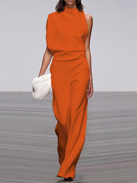 Gina | Dames jumpsuit met ronde hals, mouwloos en wijd uitlopende pijpen 4